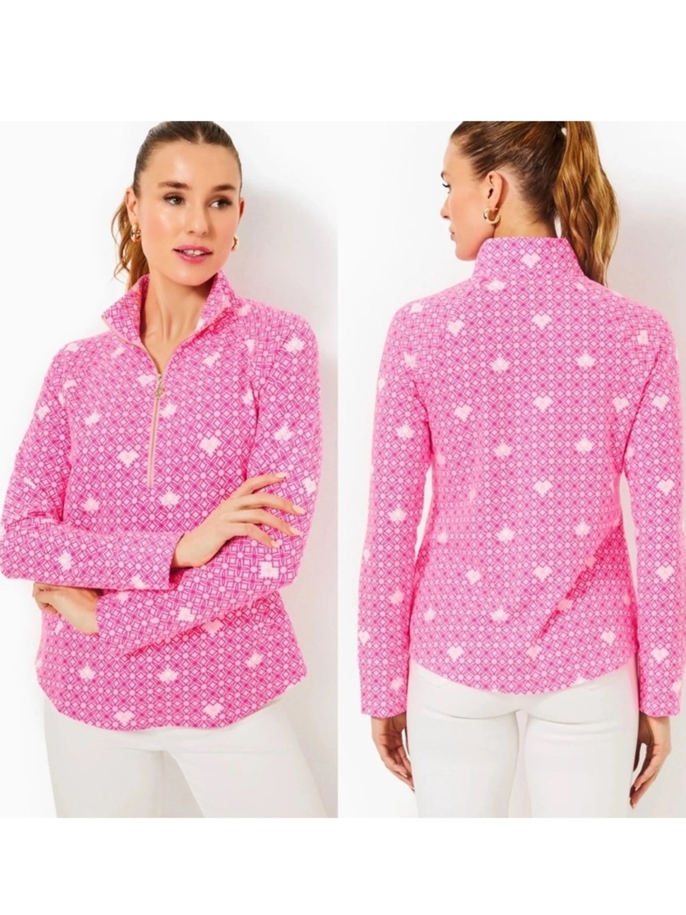 Lilly Pulitzer UPF 50+ Skipper Popover Passion Fruit Pink Fluttering Hearts, M - Picture 11 of 11